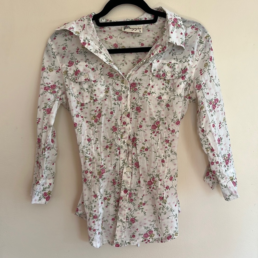 Cinched back floral button down shirt